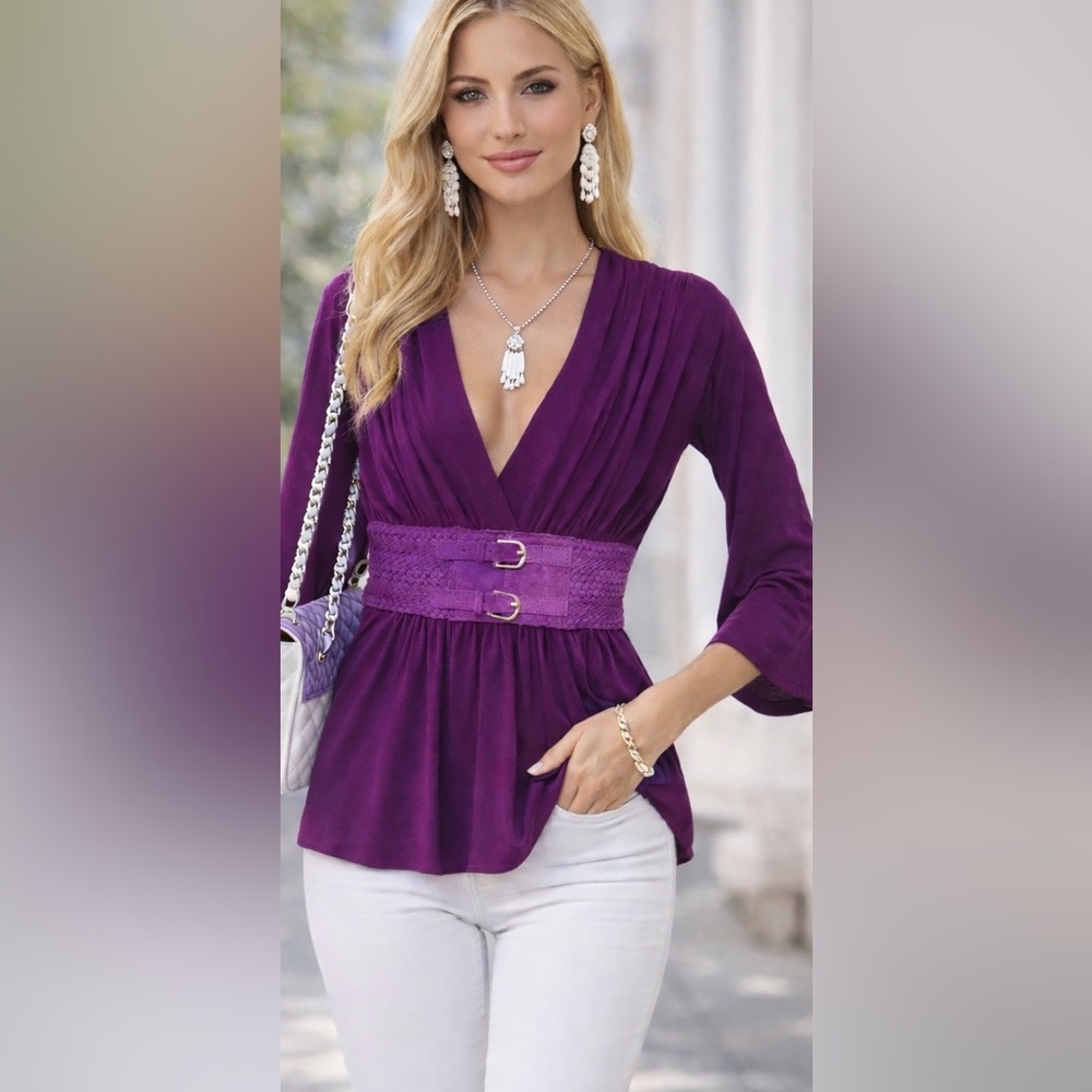 New Beautiful Sky plum Purple Blouse with Belted Waist